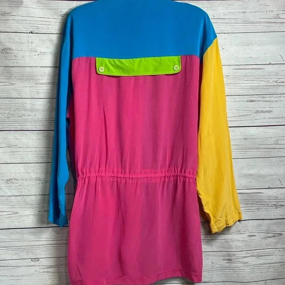 Lightweight Vintage Color block 3/4 Sleeve Silk Button Up Shirt Cinched Waist Sm - Picture 10 of 15